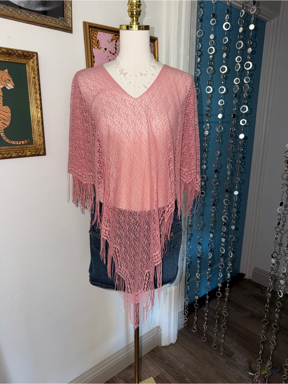 Vintage Y2K Light Pink Fringe Knit Poncho